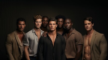 A group of diverse men pose in earth-toned clothes, exuding confidence and style