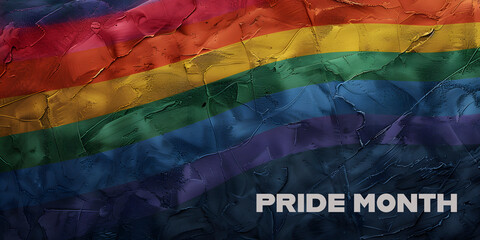 text pride month and rainbow pride flag