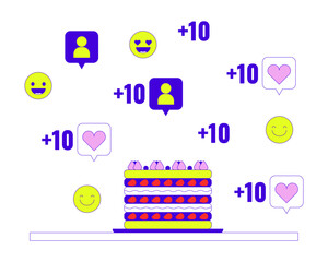 Dessert baking video blog going viral 2D linear illustration concept. Creamy strawberries cake cartoon object isolated on white. Social media popularity metaphor abstract flat vector outline graphic