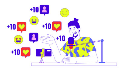 Viral podcaster talking into microphone 2D linear illustration concept. Caucasian guy vlogger cartoon character isolated on white. Social media popularity metaphor abstract flat vector outline graphic
