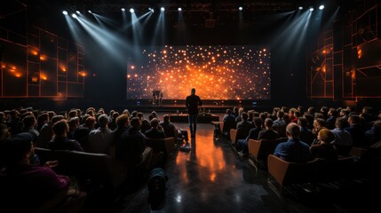 A crowd is engrossed in a presentation with a bright, fiery screen on stage in a modern theater setting