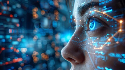 AI and human collaboration on cyber programming, dual screen setup, eye-level, clinical light