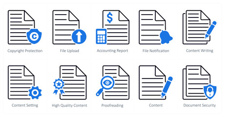 A set of 10 seo icons as copyright protection, file upload, accounting report