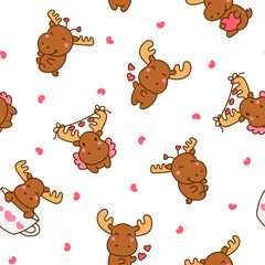 Cute kawaii moose character. Seamless pattern. Cartoon funny wild animal. Hand drawn style. Vector drawing. Design ornaments.