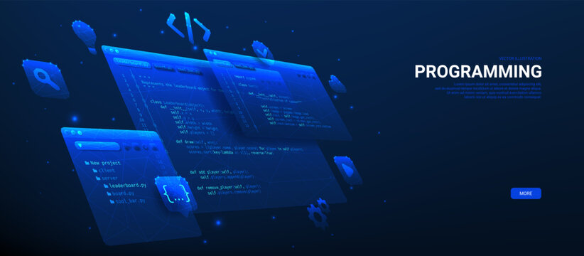Horizontal banner of computer programming. Vector polygonal illustration with coding symbols and programming windows. Concept of Information technologies, computer engineering or developing software.