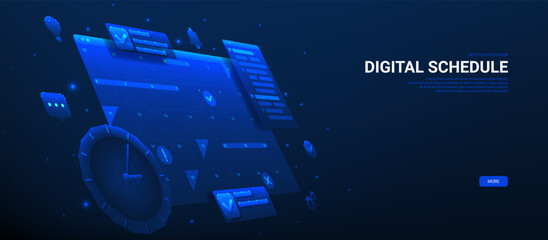 Naklejka premium Horizontal banner of planning schedule. Polygonal vector illustration with calendar, scheduled dates and appointments, clock, to-do list with tasks, reminders and messages. Concept of time management.