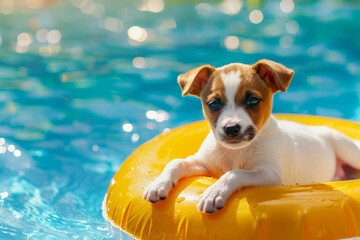The puppy is lying on a yellow inflatable mattress in the pool