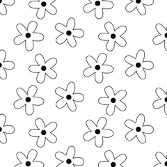 WebSeamless pattern with daisies, simplified hand-drawn background, vector doodle, trendy monochrome print