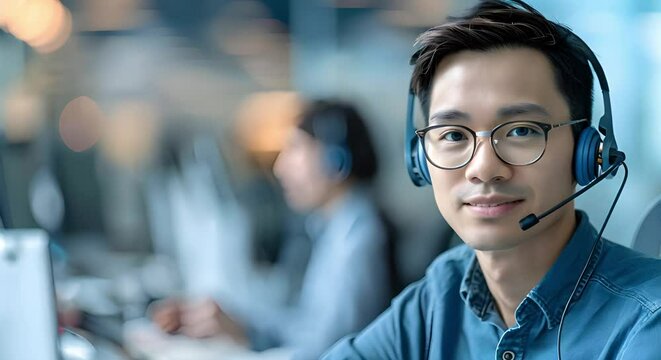 Asian male professional excelling in customer service at call center. Concept Customer Service Representative, Call Center Excellence, Professional Asian Male, Successful Customer Interactions