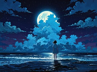 Fantasy landscape with a bright moon and stars in a dark sky