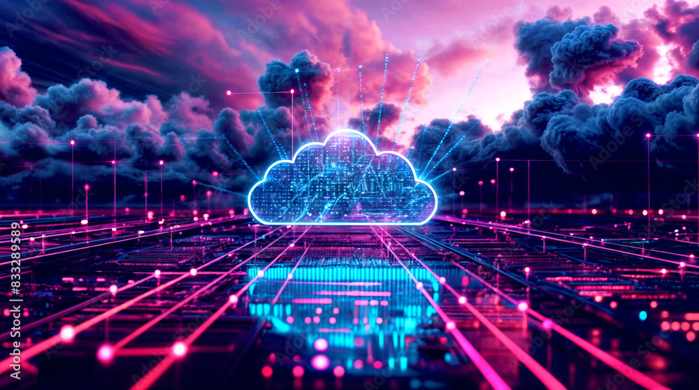 Wall mural cables digital informational technology web futuristic hologram with cloud neon, blue pink light dig