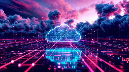 cables Digital informational technology web futuristic hologram with cloud neon, blue pink light digits and code background, computing. Abstract Motion of digital data flow. Generative AI
