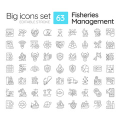 Fisheries management linear icons set. Fishing license, ecosystem health. Vessel tracking, monitoring. Customizable thin line symbols. Isolated vector outline illustrations. Editable stroke