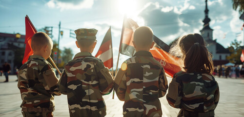 Kids in military attire holding flags at a Memorial Day gathering in the town square, viewed from a distant perspective.