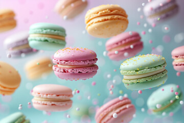 Obraz premium Colorful Macarons in Pastel Colors Floating Against Gradient Background
