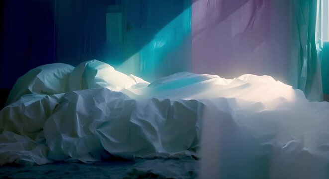 Messy bed with rumpled bedding. Concept Cozy Aesthetic, Relaxing Vibes, Messy Chic, Bedroom Decor, Home Comfort