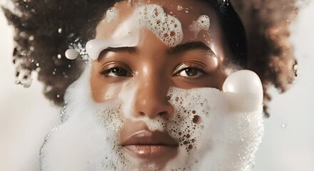 Black woman demonstrates soap foam on her face for soap advertisement. Concept Soap Advertisement, Beauty Routine, Self-care, Skin Hygiene, Black Woman Model