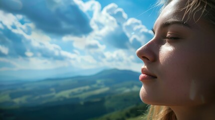 A happy woman smiles in a closeup with a beautiful mountain landscape in the background. She enjoys leisure and recreation while traveling in the natural landscape AIG50