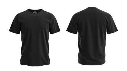 Black tee t shirt round neck front, back view on transparent background, PNG file