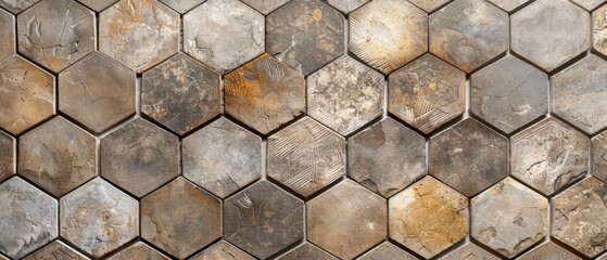 Fototapeta premium Abstract Hexagonal Stone Tile Pattern Background for Textures, Designs, and Architecture Concepts in Earth Tones
