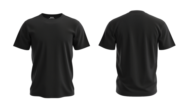 Black tee t shirt round neck front, back view on transparent background, PNG file