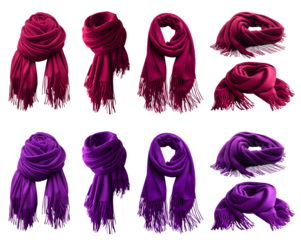 2 Set of magenta purple pink knit knitted woven wool fleece scarf shawl wrap with tassel, front and flat lay view on transparent cutout PNG. Many different angle. Mockup template for artwork design