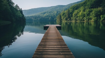 Fototapeta premium Tranquil wooden dock leads the eye out to a calm, glassy lake surrounded by lush green forested hills under a soft sky