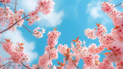 Vibrant photo capturing cherry blossom trees in full bloom with a backdrop of a clear blue sky and fluffy clouds