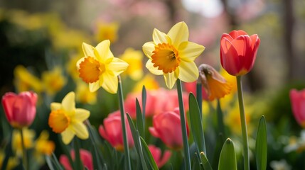 Bright daffodils and tulips thriving amidst lush foliage in a spring garden, bathed in soft, natural light