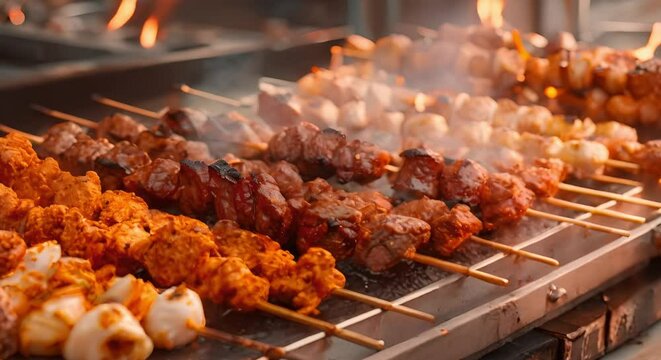 Discover the diverse street food scene in Thland with succulent meat skewers and vibrant flavors. Concept Street Food, Thai Cuisine, Meat Skewers, Vibrant Flavors, Culinary Exploration