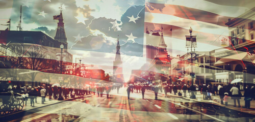 Flags superimposed over historical images of past Veterans Day parades using a double exposure effect for a nostalgic patriotic tribute.