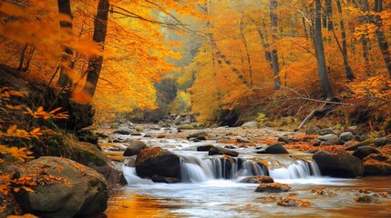 Tranquil stream gently flows through a sunlit forest adorned with vibrant orange and yellow autumn leaves