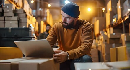 Men working in the online retail industry manage the supply chain. Concept Online Retail, Men in Supply Chain, E-commerce Operations, Logistics Management, Retail Industry - Powered by Adobe