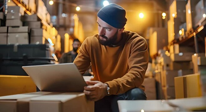 Men working in the online retail industry manage the supply chain. Concept Online Retail, Men in Supply Chain, E-commerce Operations, Logistics Management, Retail Industry
