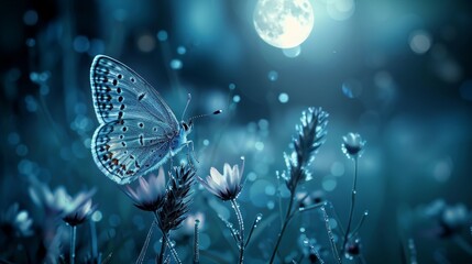 Butterfly in the grass on a meadow at night in the shining moonlight 