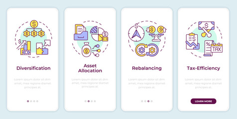 Elements of portfolio management onboarding mobile app screen. Walkthrough 4 steps editable graphic instructions with linear concepts. UI, UX, GUI template. Montserrat SemiBold, Regular fonts used