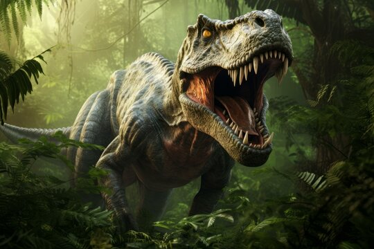 Fototapeta Majestic t-rex dinosaur bellowing amidst dense, misty vegetation, evoking primal power