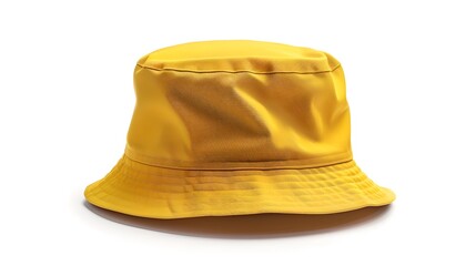 Fototapeta premium Bright yellow bucket hat isolated on white background. Simple summer fashion accessory. Casual and stylish headwear. Perfect for outdoor activities. Minimalist design. AI