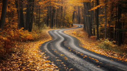 Obraz premium Idyllic winding asphalt road meanders through a forest with trees boasting vivid autumn colors, evoking a tranquil seasonal journey