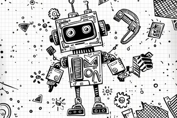 Cartoon cute doodles of a halftone robot with mechanical parts and dotted eyes, Generative AI