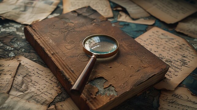 A mystery novel book mockup with an intriguing cover, set against a backdrop of old letters and a magnifying glass - Powered by Adobe