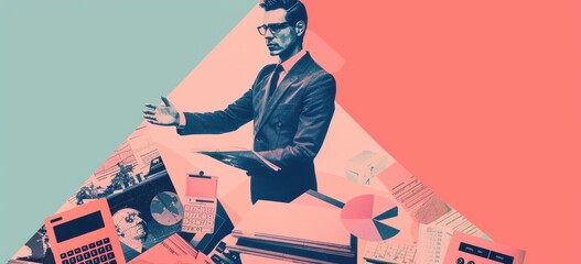 Confident businessman standing on pile of retro gadgets and appliances.