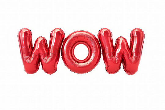 text "WOW" as cute round red inflatable foil balloons, 3d render, isolated on bright white background