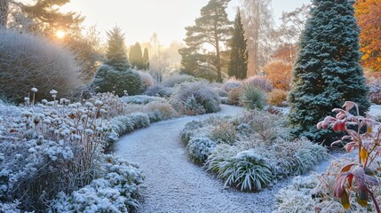 Serene winter garden path lined with frostkissed flowers and plants under the soft glow of the morning sun
