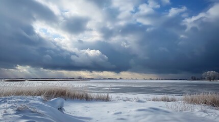 Dramatic winter scene showcasing a brewing storm over a serene, snowcovered countryside under a foreboding cloudy sky