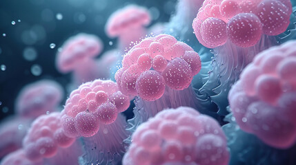 Microscopic View Of Colorful Virus Cells On Bokeh Blur Background