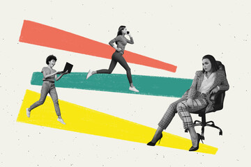 Fototapeta premium Collage picture sketch of young people office workers career development promotion isolated on painted background
