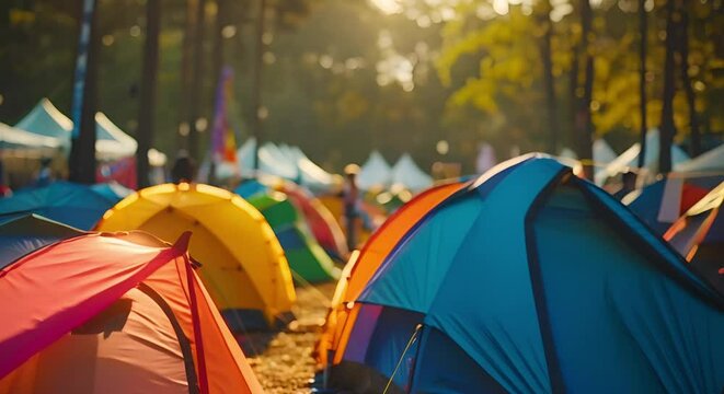 Colorful tents at outdoor music festival campsite bustling with activity and energy. Concept Music Festival, Outdoor Activities, Colorful Tents, Energetic Atmosphere, Campsite Life