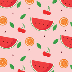Bright background with juicy watermelon and orange. Flat style.