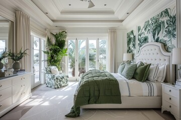 Fresh green and white luxury bedroom with botanical elements and natural light.